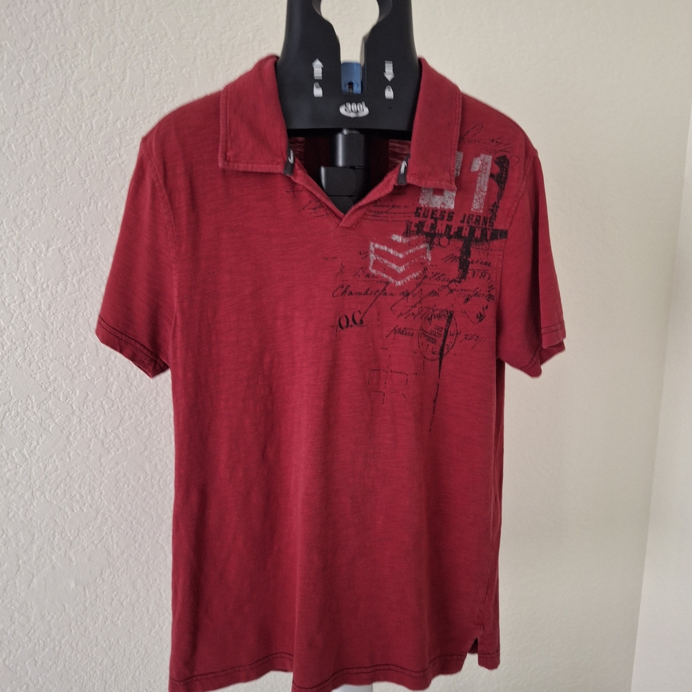 Guess Men's Deep Red Polo Shirt with Graphic Design